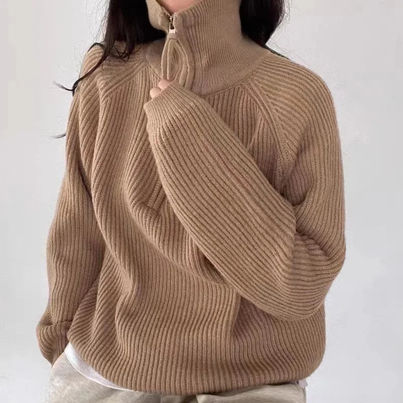 Hnewly  Quarter Zip Sweater Pullover Women Chunky Knit Polo Collar Oversize Jumper Sweater Jacket Teen-girl Autumn Winter Casual Outfit
