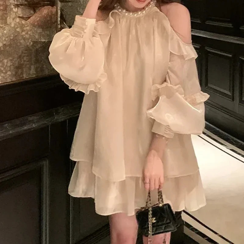 Hnewly DRESS TO IMPRESS Women Chiffon Dresses Summer New French Style  Solid Fashion Sexy Off-the-shoulder Long Puff Sleeve Ruffles Simple Dress