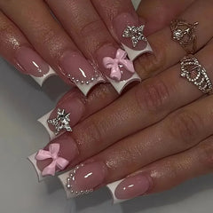 Hnewly Pink French Style Fake Nails 3D Bowknot Designs Short Square Press on Nails Sweet Korean Fashion False Nails for Women and Girls