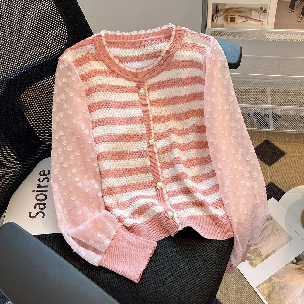Hnewly  Striped knitted Sweater For Women's Spring Autumn French Elegant Round Neck Long Sleeved Patchwork Chiffon Loose All-Matched Top