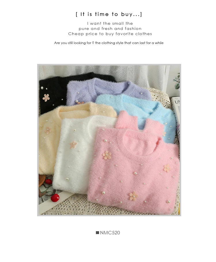 Hnewly  Women's Short Sweater Autumn Winter Fashion Beaded Slim Long Sleeve Pullover Korean Versatile O-neck Loose Knitted Tops
