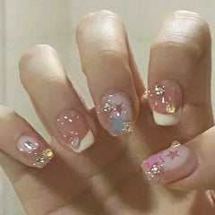 Hnewly 24pcs Detachable Short Press on Nails Y2k rhinestone False Nails with Glue Ballet Sweet Cool Girls Artificial False Nails Tips