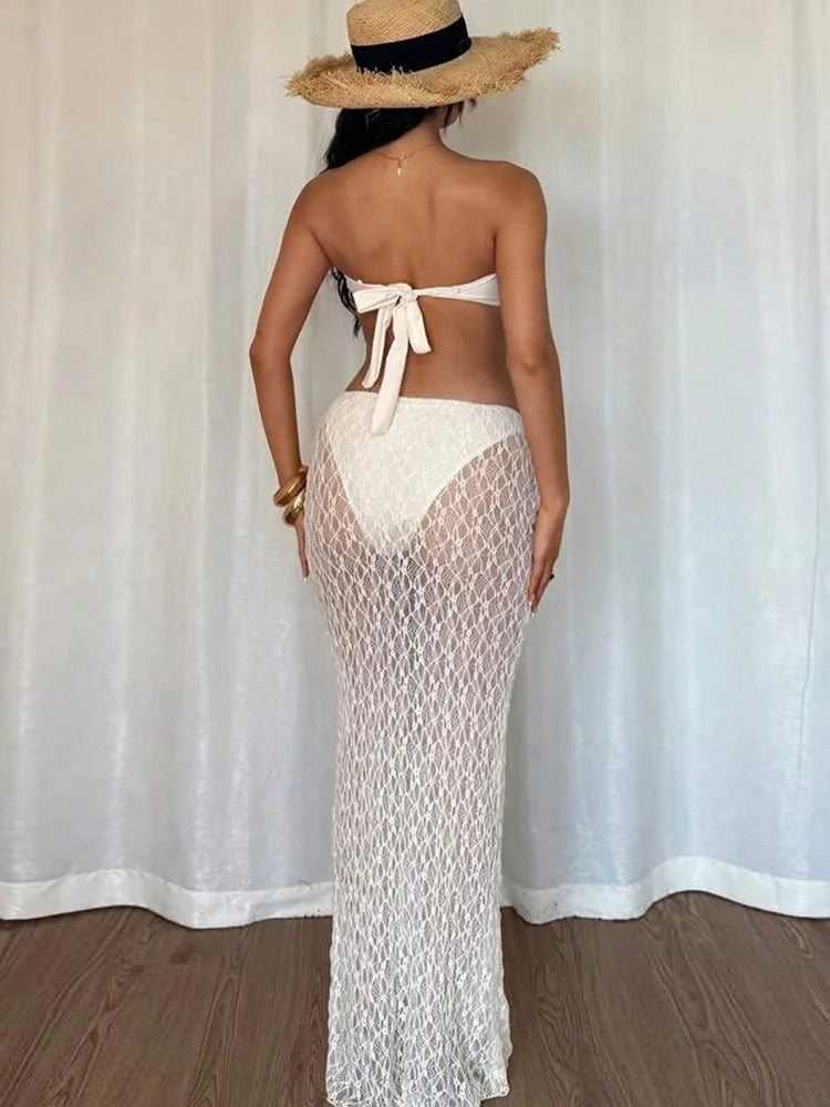 Hnewly  Starfish Metal Women 2 Piece Set Summer Vacation Beach Jacquard Strapless Tops+Skirt Elegant Matching Clubwear Suit