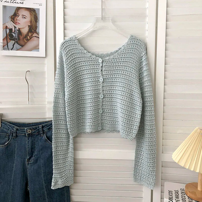 Hnewly  Crochet Cardigan for Women Sheer Openwork Knit Long Sleeve Button Up Crop Top Teen-girl Shrug Cardigan Autumn Spring Y2K Outfit