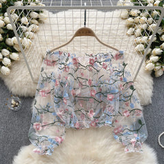 Hnewly  Women Summer Lace Shirt Elegant Off Shoulder Mesh Embroidered Perspective Shirt Loose Puff Long Sleeves Crop All-Matched Top