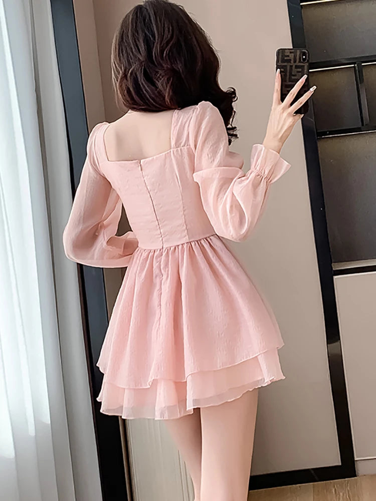 Hnewly Women Pink Patchwork Chiffon Chic Ruffled Short Dress Spring Elegant Diamonds Kawaii Dress 2024 Korean Fashion Bodycon Vestidos