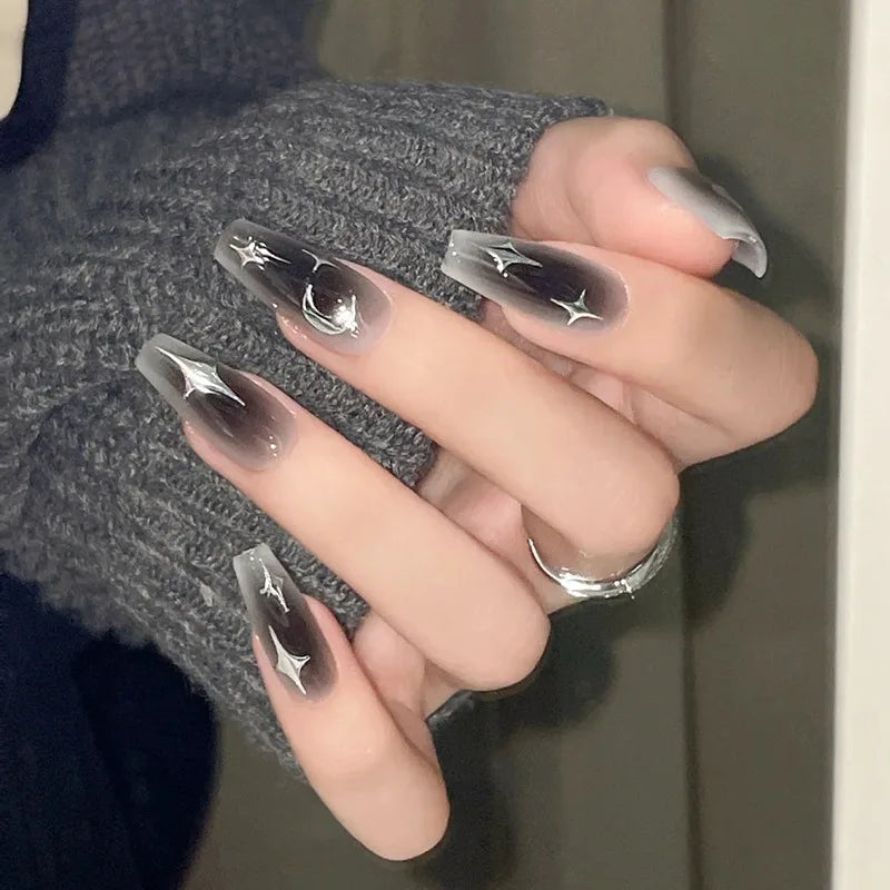 Hnewly Black Long Coffin Shape Fake Nail Ballet Reusable Adhesive Acrylic Press on Set Nails Artificial False Nails Art Tips Women Gift