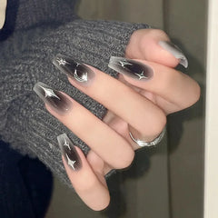 Hnewly Black Long Coffin Shape Fake Nail Ballet Reusable Adhesive Acrylic Press on Set Nails Artificial False Nails Art Tips Women Gift