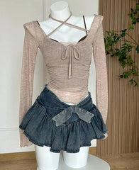Hnewly A-line Women Denim Blue Jean Skirts Shorts Summer Bow Hot Girls Mini Skirt Streetwear Sexy Y2k Irregular Kawaii Coquette