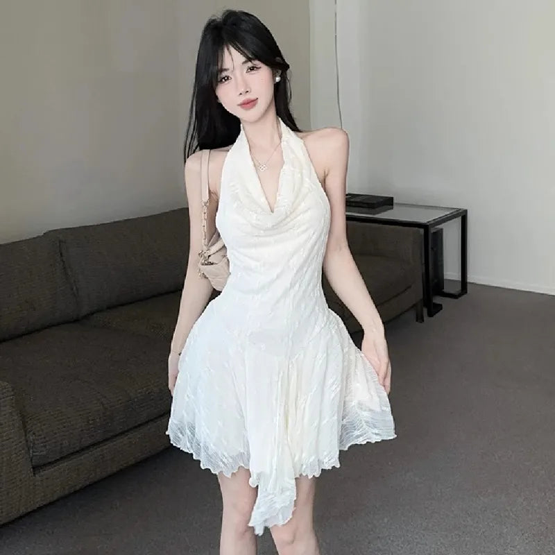 Hnewly  Woman Dress Sleeveless Halter Swinging Collar Backless Sweet Slim Sexy Elegant Party Mini Dresses Female Clubwear