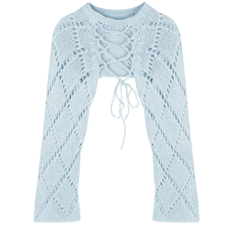 Hnewly  Y2K Two-Sided Knitted Tops Women Hollow Long Sleeve Sweet Lace-Up Sweater Harajuku Casual Backless Solid Lady Blouse
