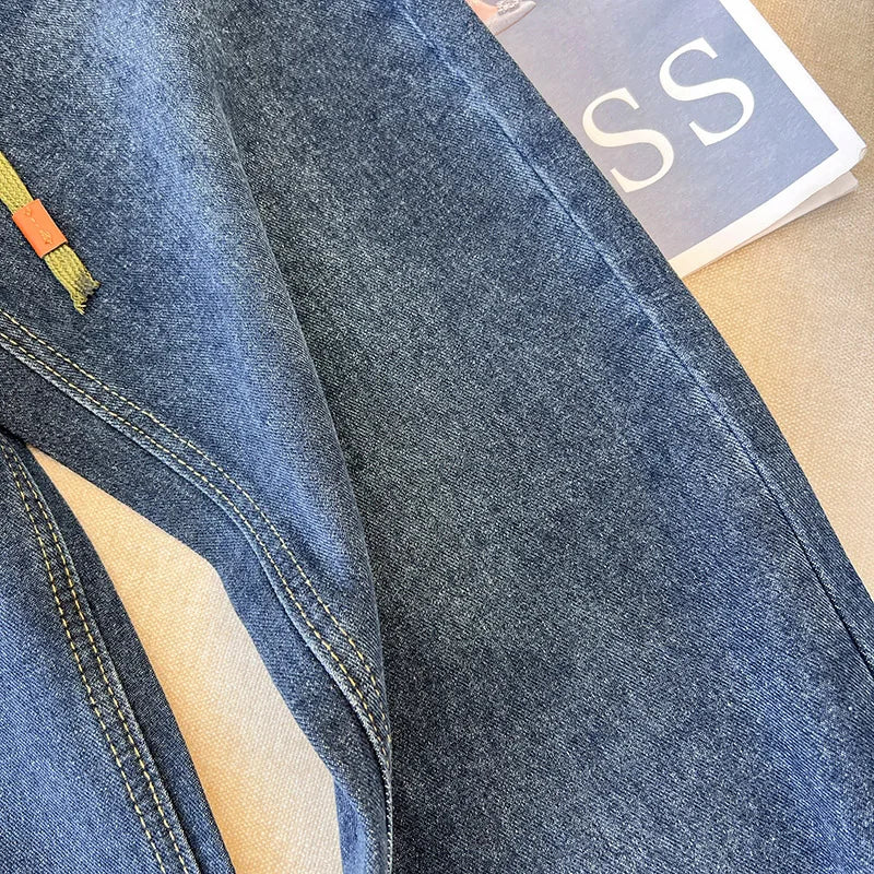 Hnewly  Large Size High Waist Jeans  Women  New Autumn Loose Drawstring Wide Leg Pant Fashion Splice Versatile Straight Leg Denim Pants