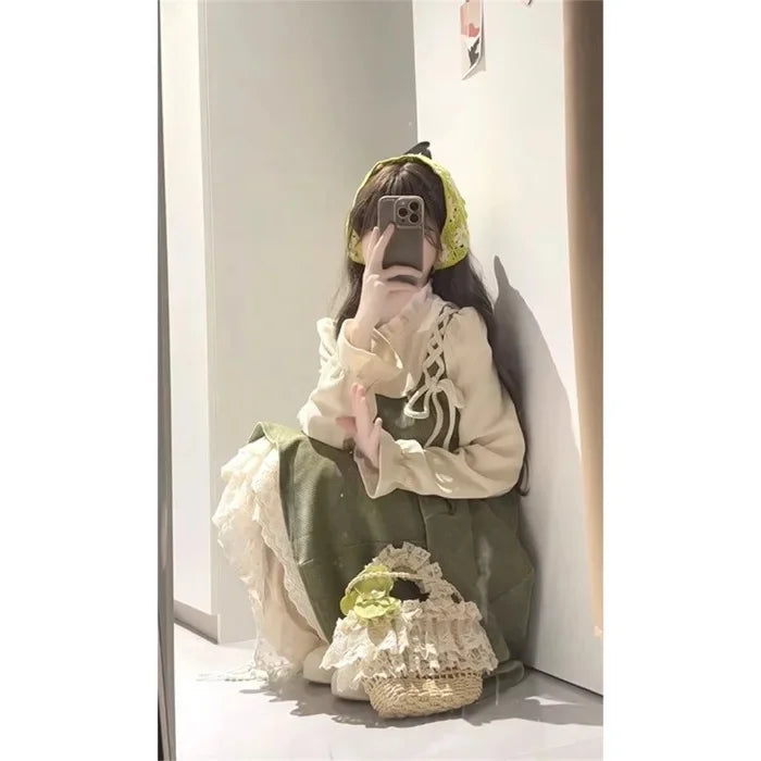 Hnewly  Loose Long Sleeve Midi Dress New Year Student Style Dopamine Illusion Two-Piece Dress with Bow Knot Polyester Fiber Dress