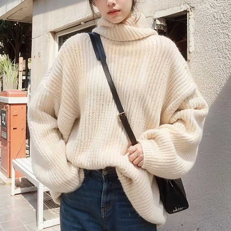 Hnewly  Oversized Turtleneck Sweater Women Loose Plain Rolled Neck Jumper Knit Pullovers Loose Soft Knitwear Autumn Winter Outfit