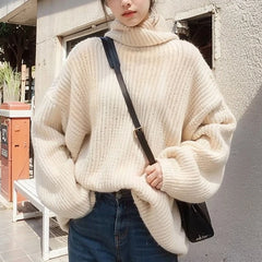 Hnewly  Oversized Turtleneck Sweater Women Loose Plain Rolled Neck Jumper Knit Pullovers Loose Soft Knitwear Autumn Winter Outfit