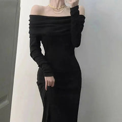 Hnewly DRESS TO IMPRESS One Shoulder Style Long Sleeved Dress For Women Fashionable Slim Fit And Slimming Effect Paired With French Long Skirt For Women
