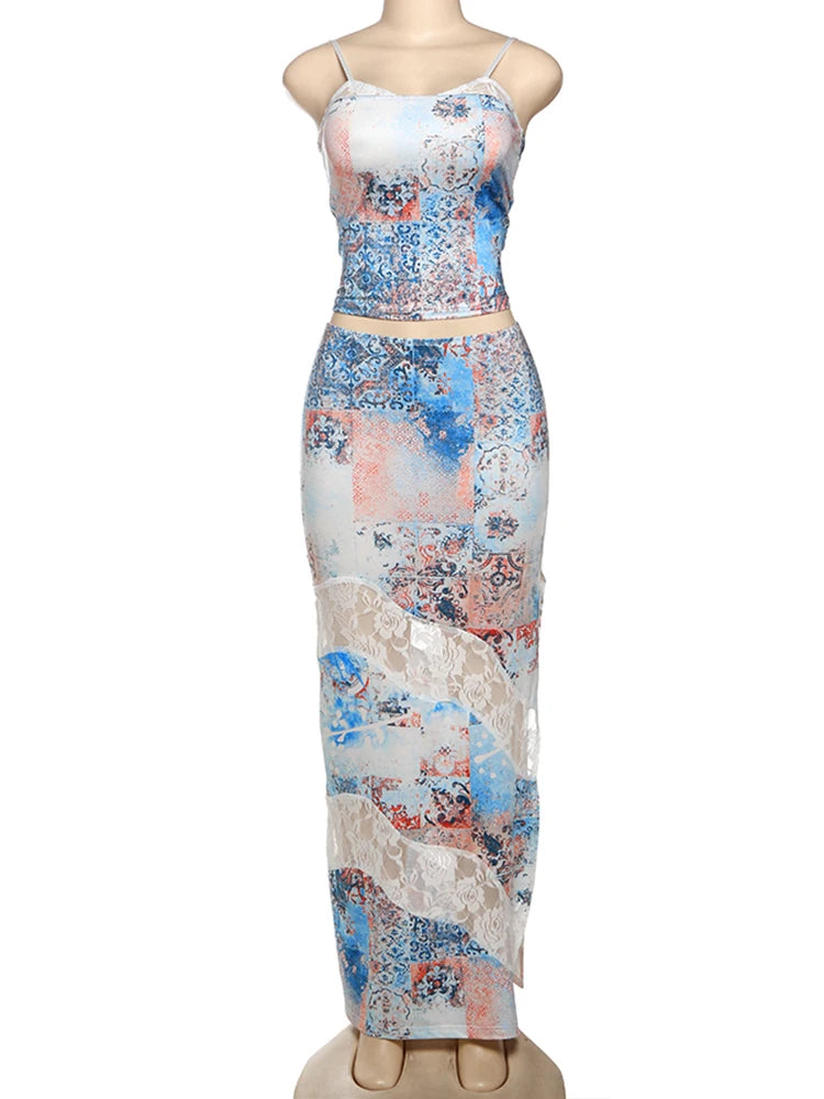 Hnewly Fashion Print 2 Piece Set Women Sexy Backless Camisole+Mesh Patchwork Long Skirts Vacation Trend Streetwear Outfits