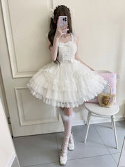 Hnewly  Original Design New Summer Lolita Dress Women's Sweet Flower Wedding Lace Bowknot JSK Sling Dress Black and White Princess