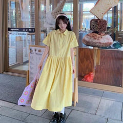 Hnewly  Plaid Dresses Women Elegant Short Sleeve Loose Turn Down Collar Button Sweet Fashion Summer Shirt Dress Ladies Casual