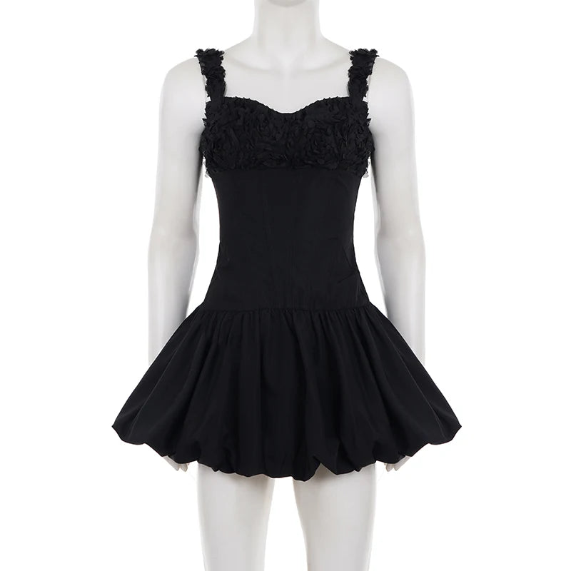 Hnewly  Elegant 3D Floral Patchwork Cinched Waist Bud Dress Summer Sleeveless Short Dress Women Vacation Coquette Outfits Sexy