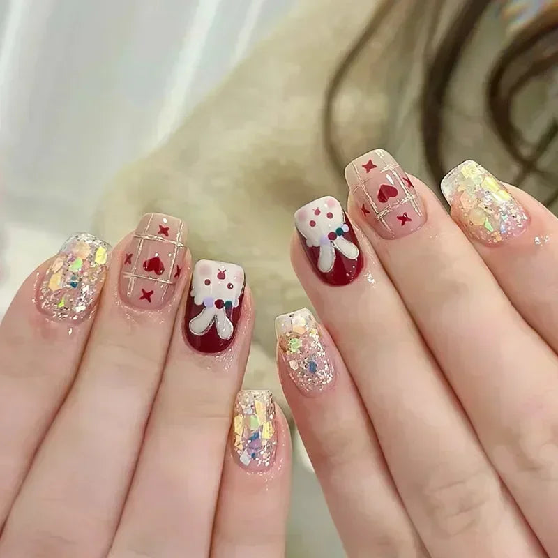Hnewly 24pcs Detachable Short Press on Nails Y2k rhinestone False Nails with Glue Ballet Sweet Cool Girls Artificial False Nails Tips