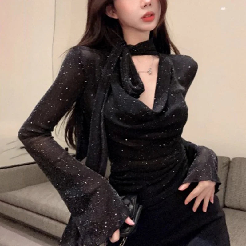 Hnewly y2k Mesh Shirt Women Party Glitter See Through Cowl Neck Long Sleeve Tops 2000s Aesthetic Clothing Club Streetwear