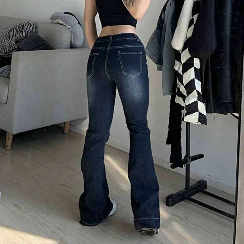 Hnewly New Flare Jeans Women's Low Waist Trousers Vintage Aesthetic Denim Pants Streetwear Mom Casual Korean Fashion Y2k  Jeans