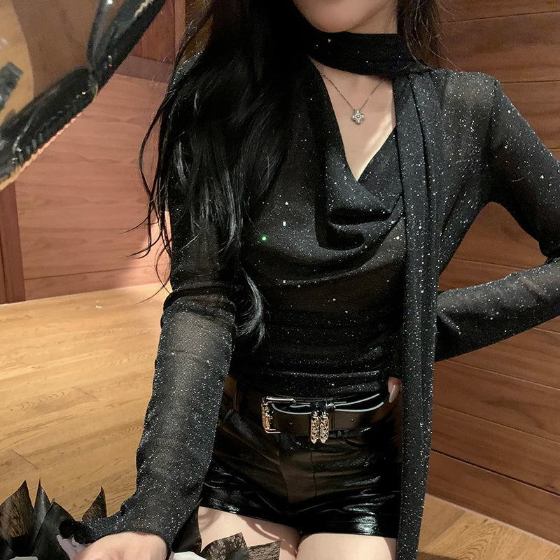 Hnewly y2k Mesh Shirt Women Party Glitter See Through Cowl Neck Long Sleeve Tops 2000s Aesthetic Clothing Club Streetwear
