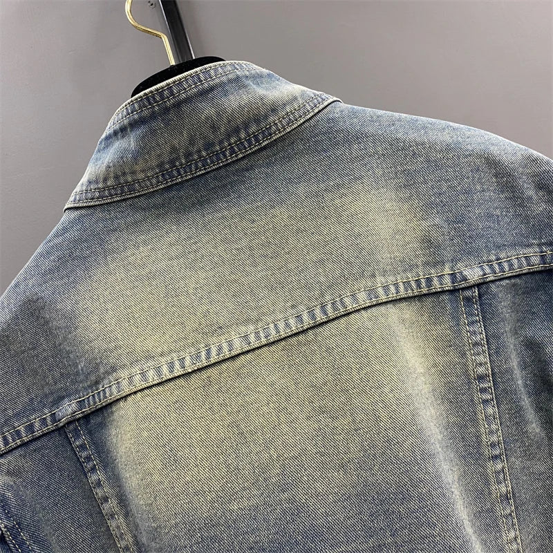 Hnewly  Women Standing Collar Denim Short Jacket Washed  Polished White Retro Motorcycle Outwear Spring Fashion Slim Long Sleeved Top