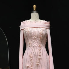 Hnewly  High Quality Elegant Women Evening Off-the-shoulder Long Sleeves Mermaid 3D Flowers Sequin Prom Beads Floor Length