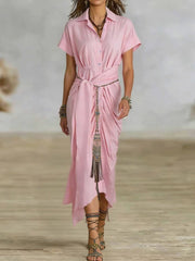 Hnewly  Elegant High Waist Commuting Long Dress Spring Summer Women Lapel Short Sleeved Dress Casual Single Breasted Lace Up Shirt Dress