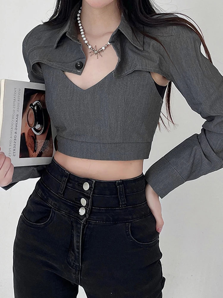 Hnewly BACK TO SCHOOL 2 pieces Print Camis and Crop Top Tee Streetwear Sexy Korean Fashion Y2K Long Sleeve T Shirt Women Fairy Grunge Clothes