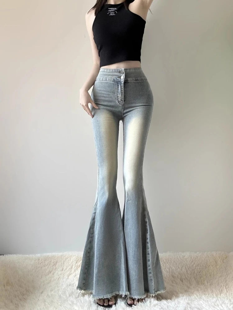 Hnewly  High Waist Flare Jeans Women Vintage American Style Wide Leg Denim Pants Spring Autumn New Raw Hem Mermaid Trousers Streetwear