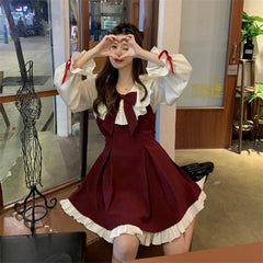 Hnewly Long Sleeve A-line Dress Women Princess Ruffles Bow Contrast Color Age-reducing Autumn Elegant Girlish Attractive Korean Style