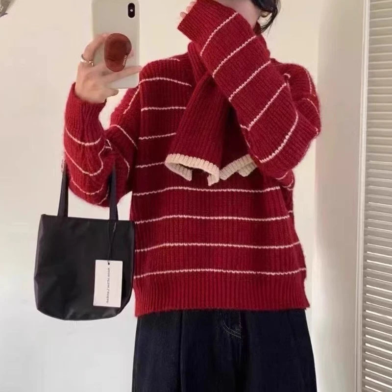 Hnewly  Women's Striped Sweater with Scarf Chunky Knit Loose-fit V-Neck Pullover Striped Jumper Ladies Autumn Winter Classic Chic Outfit