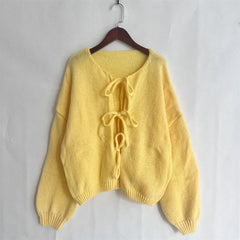 Hnewly  Bow Tie Front Cardigan for Women Long Sleeve Knitted Jacket Sweater Autumn Winter Knitwear Teen-girl Y2K Cute Outfit