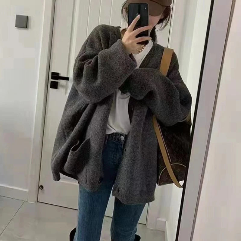 Hnewly  Slouchy Knit Cardigan Sweater for Women Long Sleeve V-neck Comfy Button Up Sweater Jacket Female Autumn Winter Casual Outfit