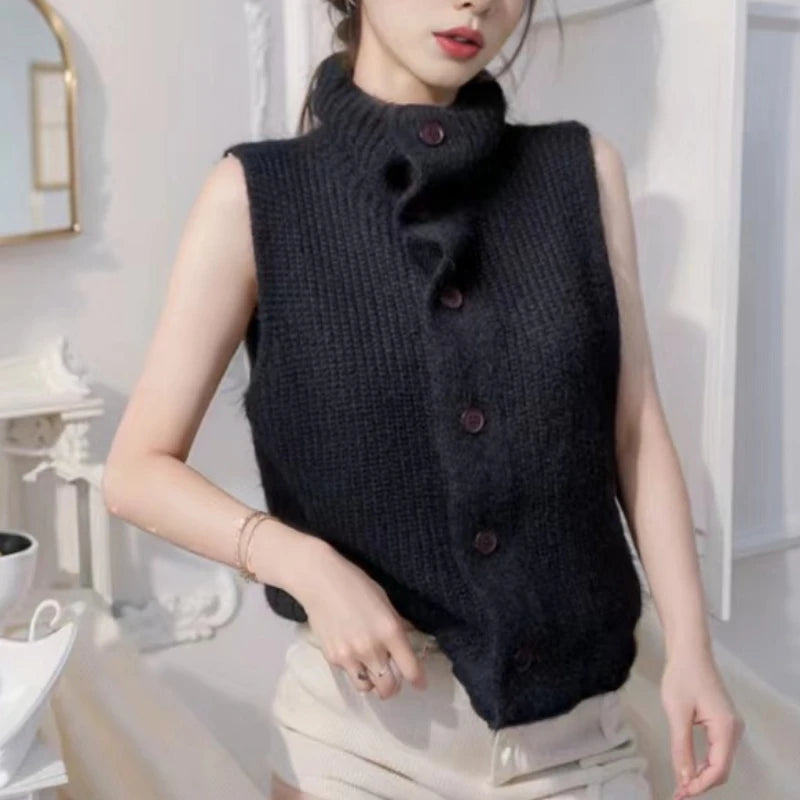 Hnewly  Button Up Sweater Vest for Women Soft Comfy High Neck Sleeveless Knit Vest Slouchy Knitwear Female Autumn Winter Casual Outfit