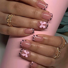 Hnewly Pink French Style Fake Nails 3D Bowknot Designs Short Square Press on Nails Sweet Korean Fashion False Nails for Women and Girls