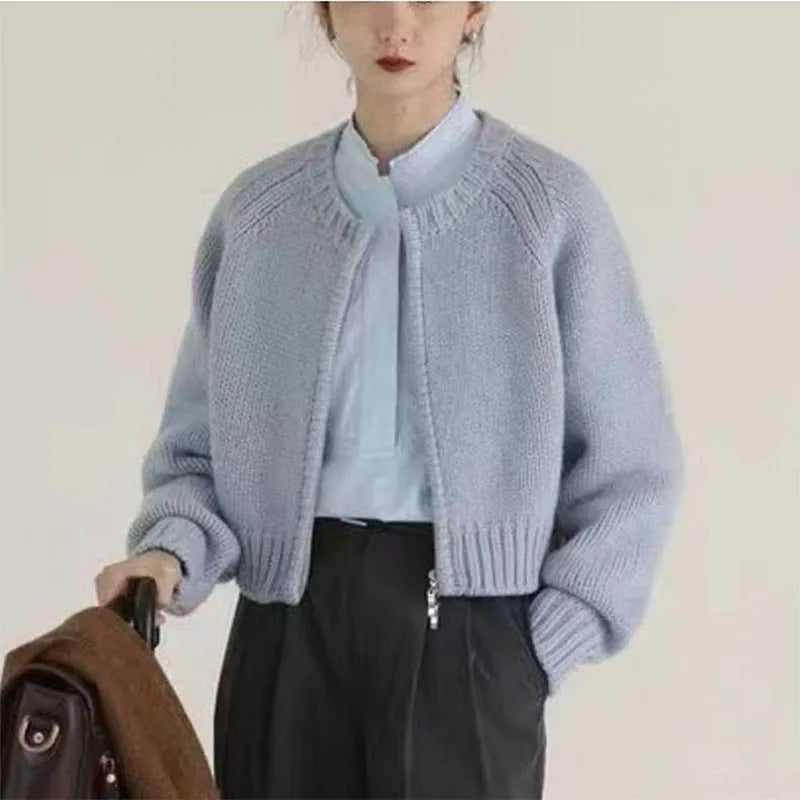 Hnewly Sweater y2k Clothes Women Soft Warm Solid Color Round Neck Zip Up Long Sleeve Knitted Tops 2000s Clothing Streetwear
