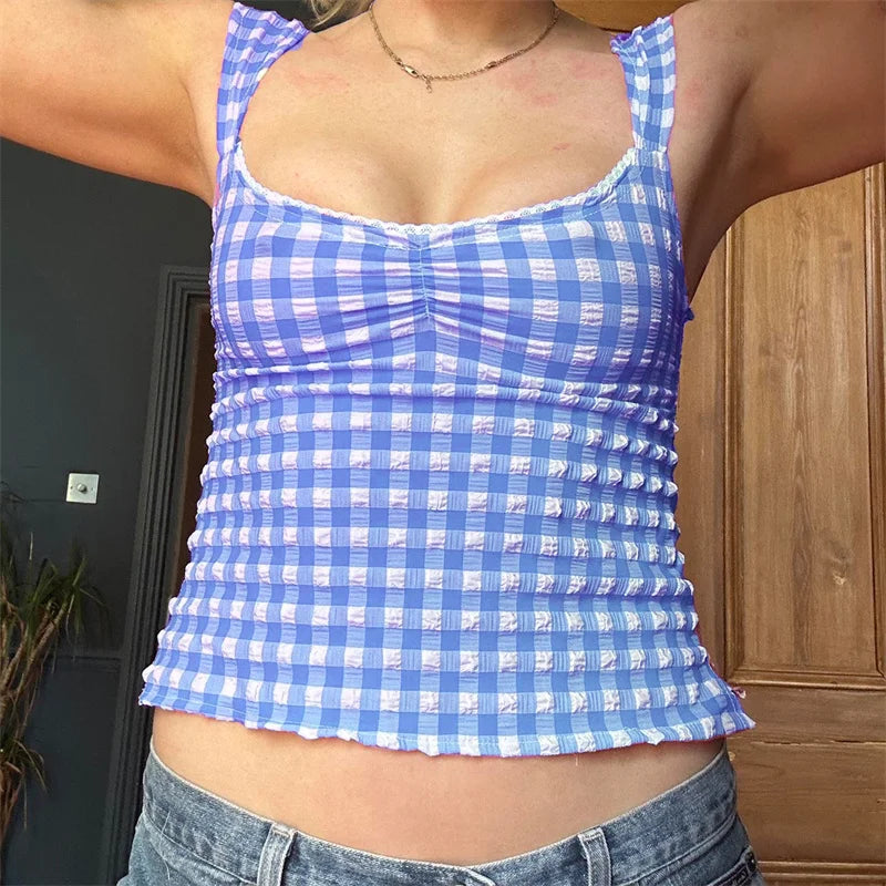 Hnewly y2k Tops for Women Summer Fairycore Clothing Plaid Print Lace Trim Sleeveless Tanks T Shirts 2000s Clothing Streetwear