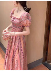 Hnewly  Elegant Vintage Floral Midi Dress Women Sweet Puff Sleeve Korean Slim Fairy Dress Female Summer Casual Evening Party Dress