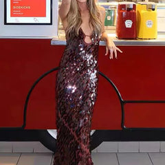 Hnewly  Women Sequin Maxi Dress Sparkle Spaghetti Strap V-Neck Long Fishnet Dress Elegant Glitter Evening Prom Party Formal Dresses