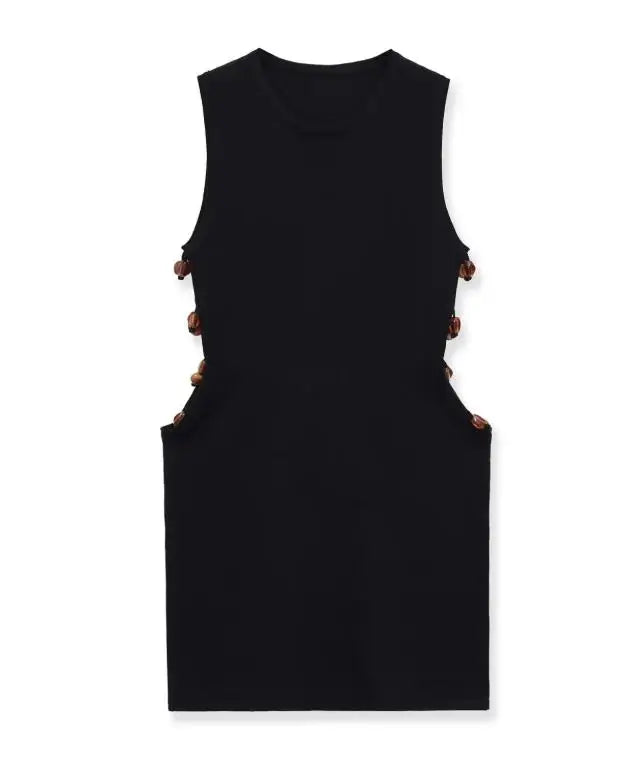 Hnewly  Fashion Black O-neck Sleeveless Women Mini Dress Solid Color Waist-cinching Beaded Knitted Dresses Summer Lady Daily Outfit