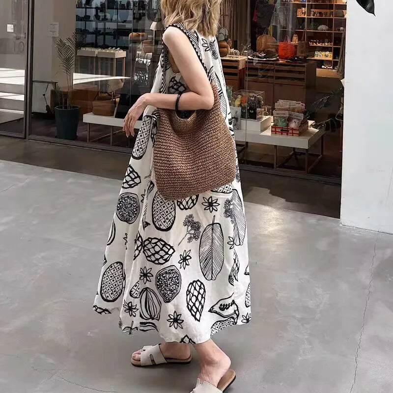 Hnewly  Korean Style Printed A-Line Vest Dress Loose Women's Summer New Arrival Casual Comfortable Mid-Weight Non-Stretchy Dress