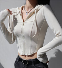 Hnewly  Fall fashion cropped hoodies women zip up hoodie korean fashion sweatshirts hooded cute long sleeve crop top sexy curve hem