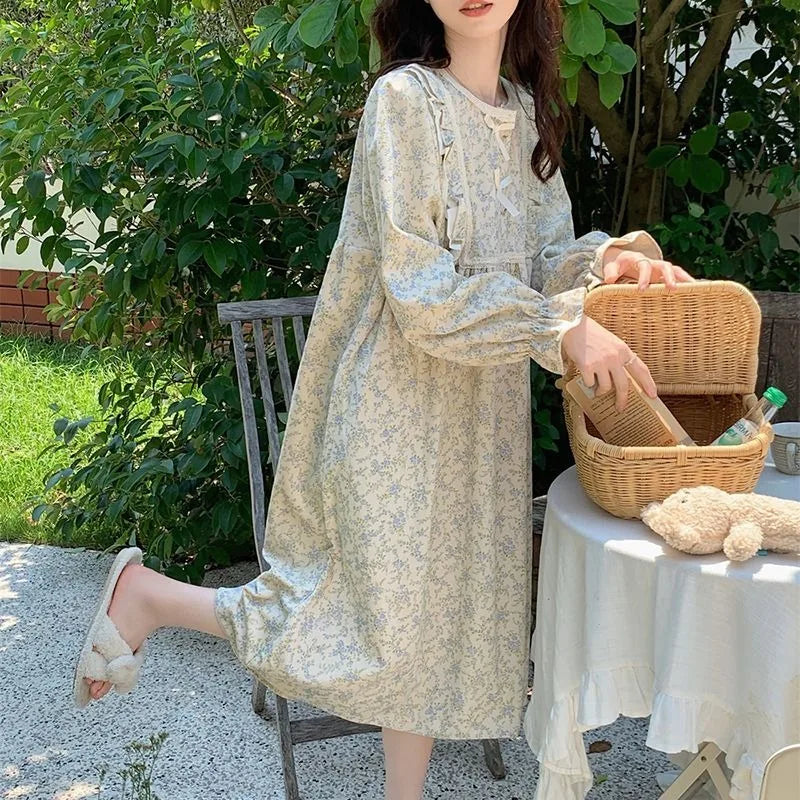 Hnewly Long Sleeve Nightgowns Women Floral Bow Temper Autumn Home Cozy Aesthetic O-neck Prairie Chic All-match Sleepwear Korean Style