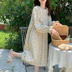 Hnewly Long Sleeve Nightgowns Women Floral Bow Temper Autumn Home Cozy Aesthetic O-neck Prairie Chic All-match Sleepwear Korean Style