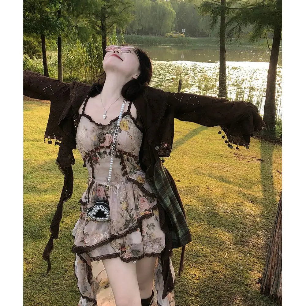 Hnewly  Bohemian Style Irregular Camisole Vest Dress for Women+ Y2k Long Sleeve Loose Cardigan 2025 Spring New Two Piece Sets