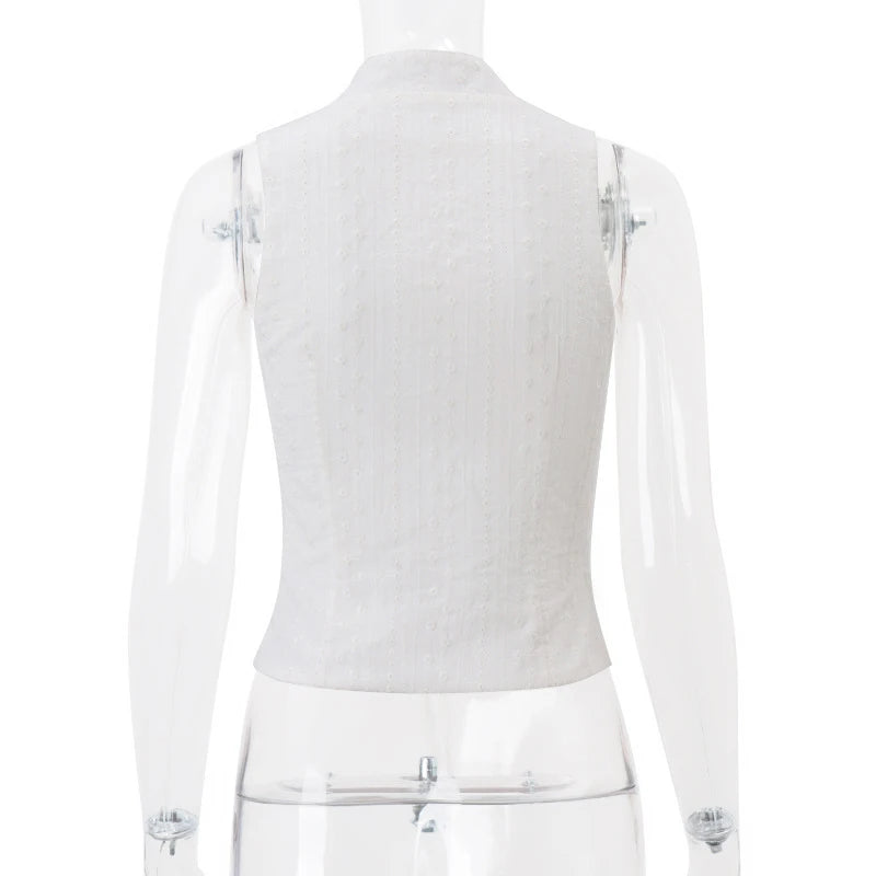 Hnewly y2k Tank Top Women Summer Clothes White Flower Embroidery Mock Neck Front Cutout Sleeveless T Shirt Vest Streetwear